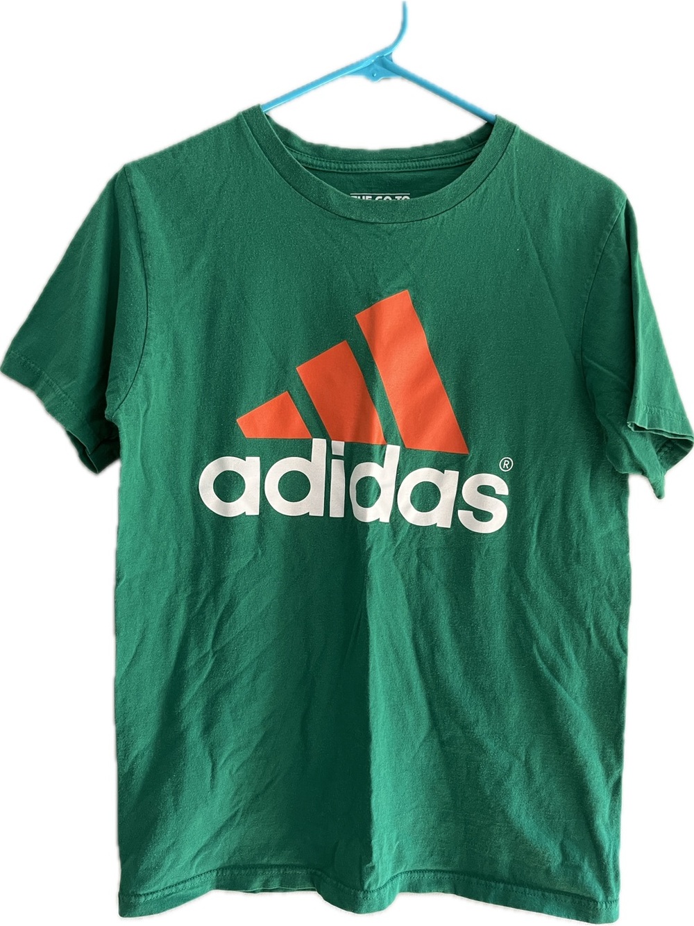 adidas Green Short Sleeve Tee Shirt with Orange Logo and White Text